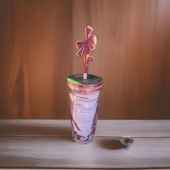 Starbucks Pink Snow Glass Holiday Bow Silicone Topper Cup Tumbler 18 Oz 2025 - Picture 3 of 4